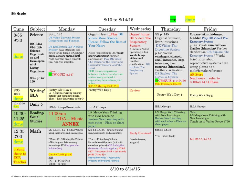 5th Fifth Grade Lesson Plan Template One Week One Page Glance Of All 