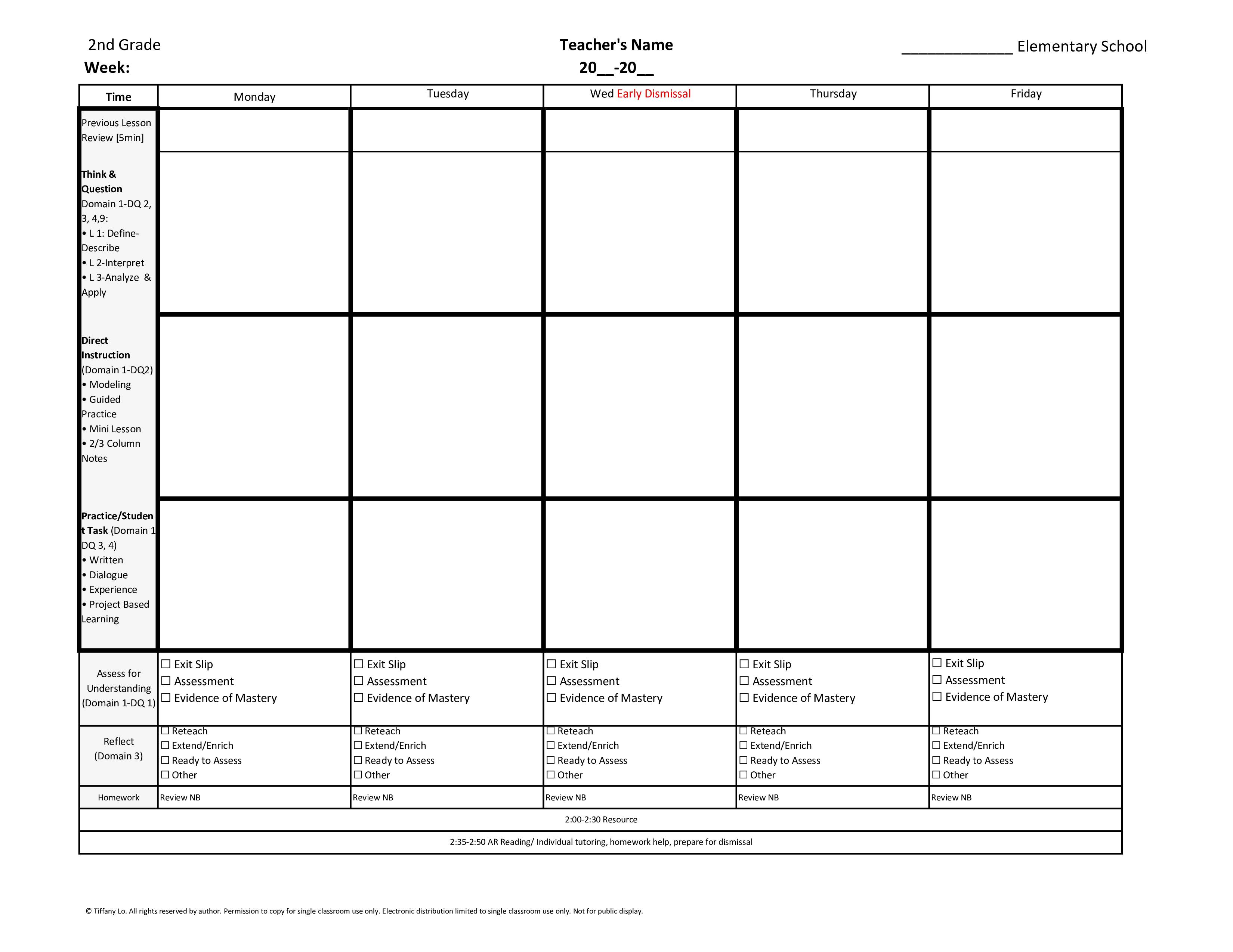 2nd Grade Weekly Lesson Plan Template W Florida Standards Drop Down 